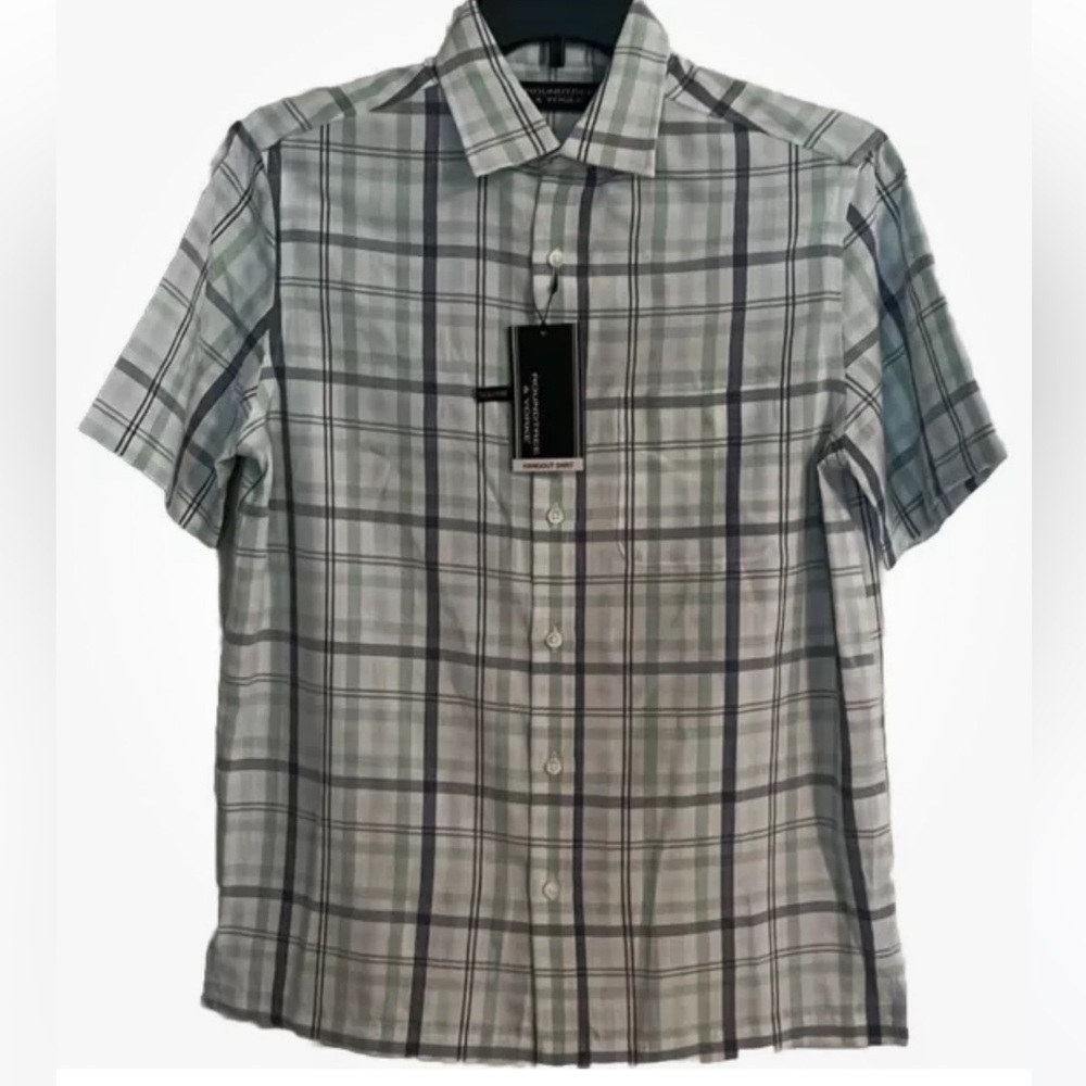 NWT Men’s Short Sleeve Plaid Button Down w Front Pkt Green Blue White Sz S $49